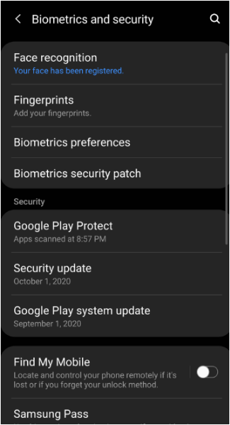 Biometric options on Android device