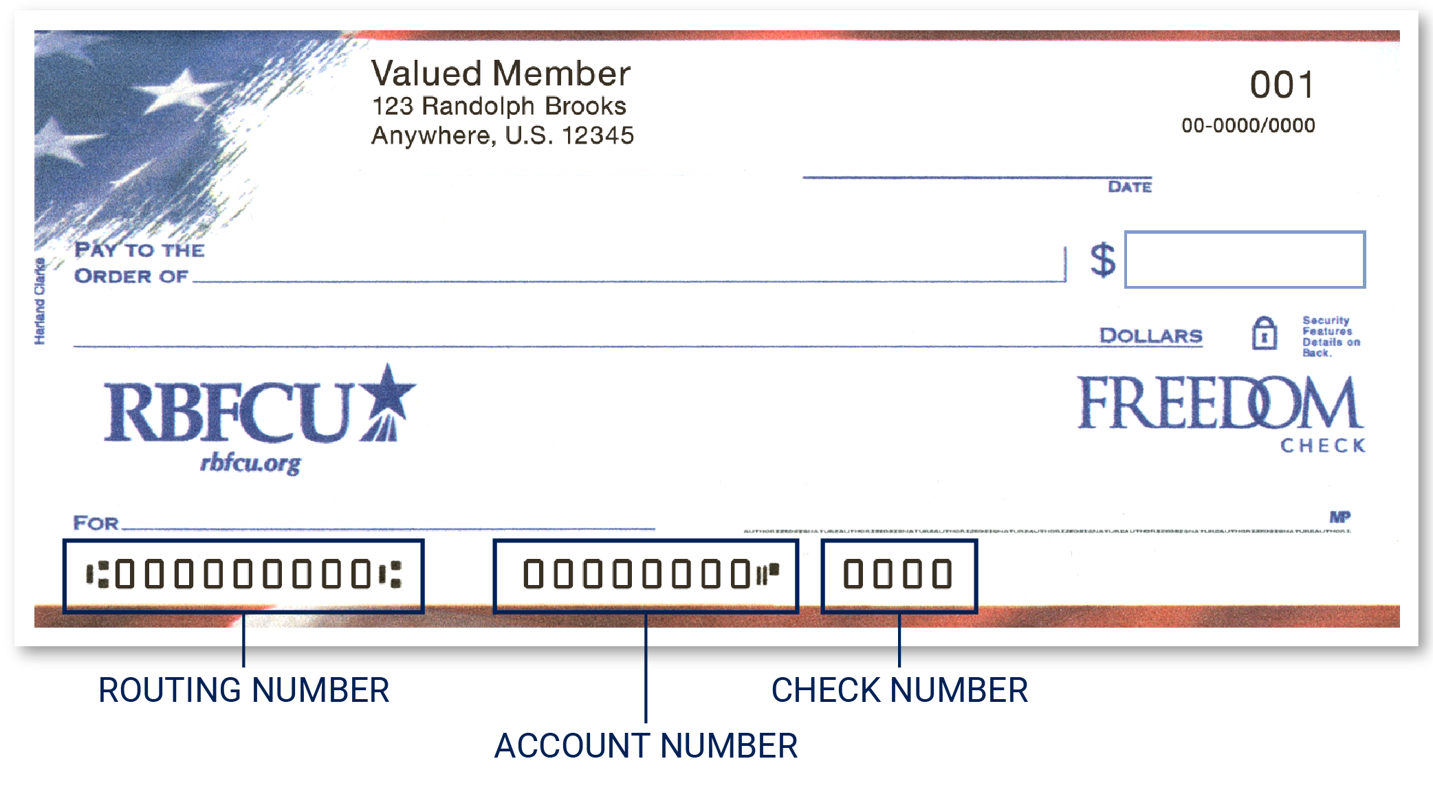 RBFCU check identify location of routing number, account number and check number