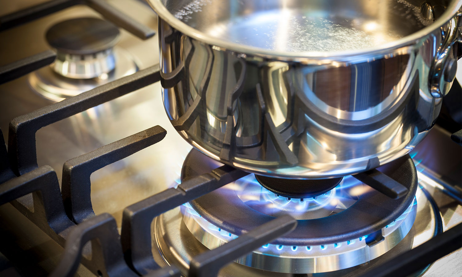 stainless steel pot boiling on gas stove