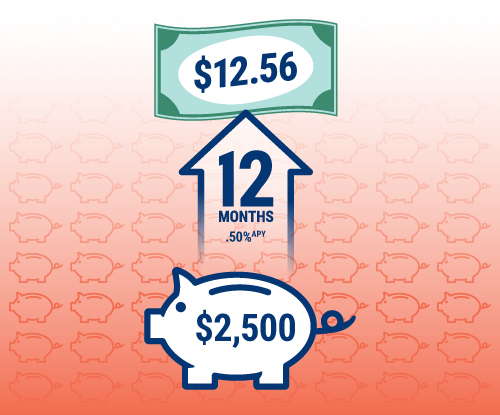 An RBFCU Classic Money Market account with $2,500 invested for 12 months with a .60% APY would earn $15.