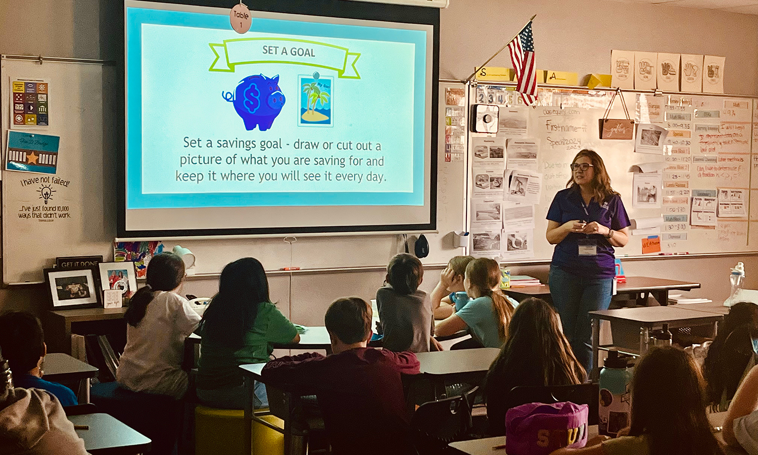 RBFCU's Jennifer Crawford teaches financial literacy to 4th grade students in the Comal ISD