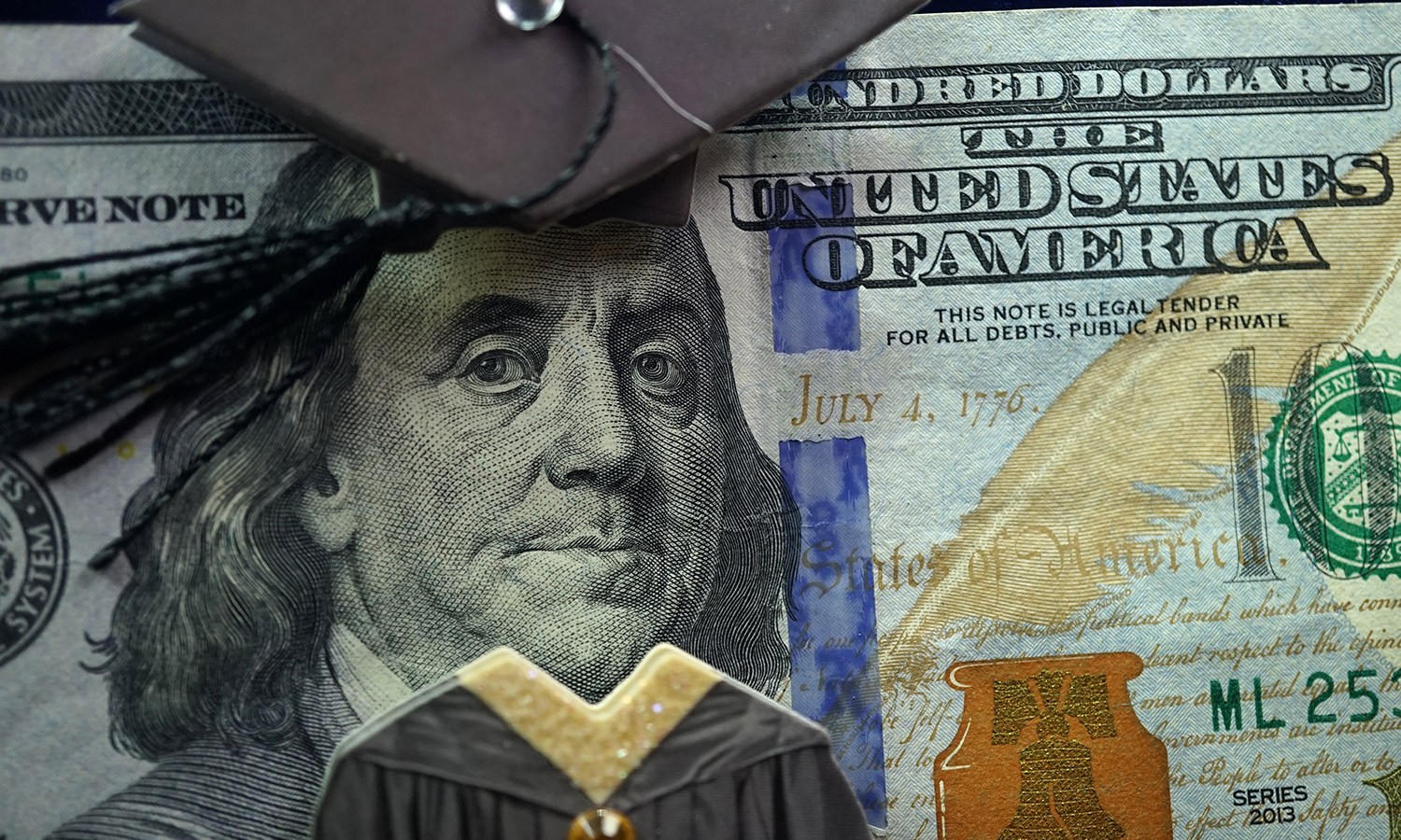 Benjamin Franklin on $100 bill wearing graduation cap and gown