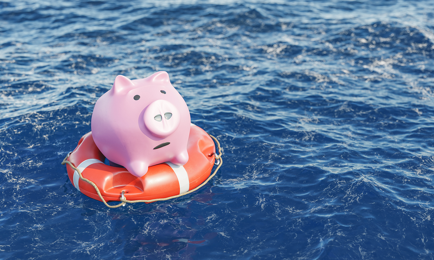 Piggy bank in life preserver on choppy waters