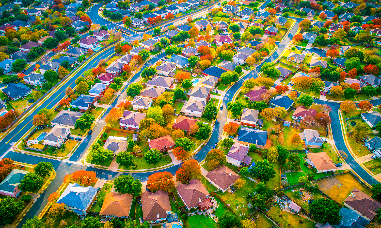 Aerial view of neighborhood in the fall