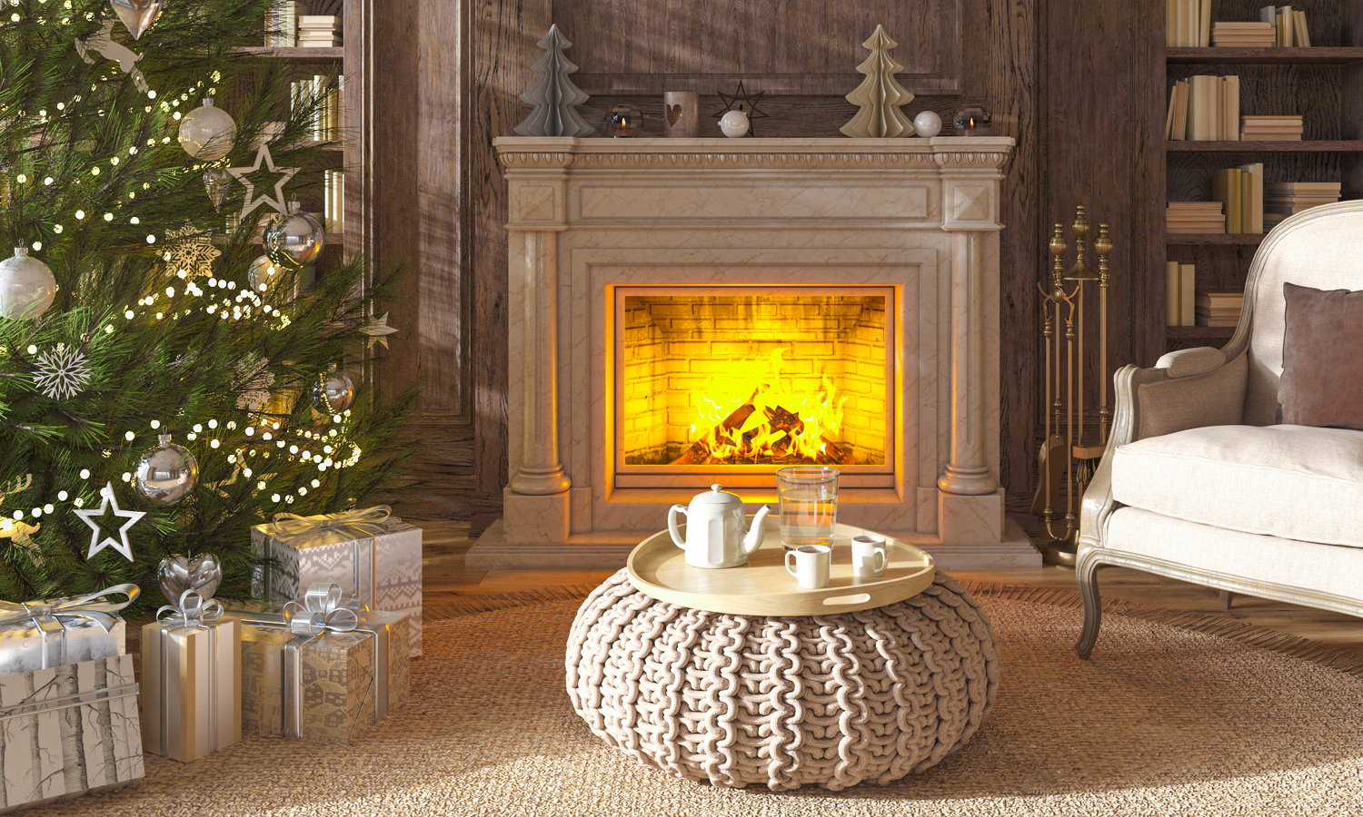 Christmas tree next to a decorated fireplace