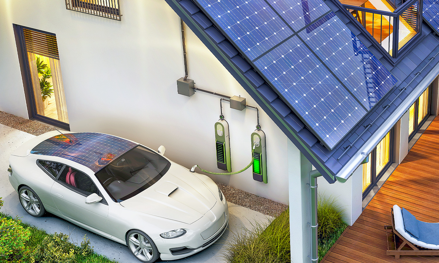 House with electric vehicle charging station and solar panels